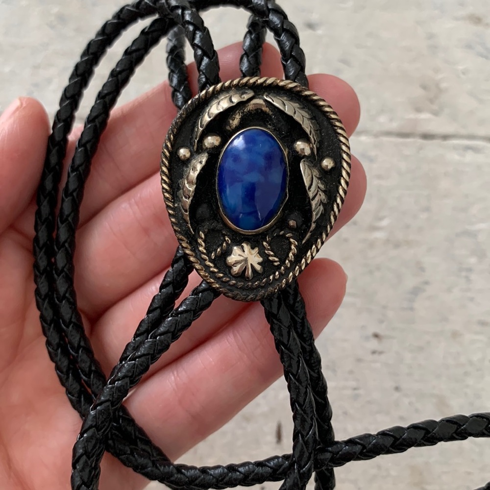 Vintage Black Leather Bolo Tie with Blue Stone